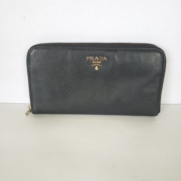 Prada Handbags - Prada Long Wallet Leather Zipper Black Zip Around Italy Continental Logo Clutch
